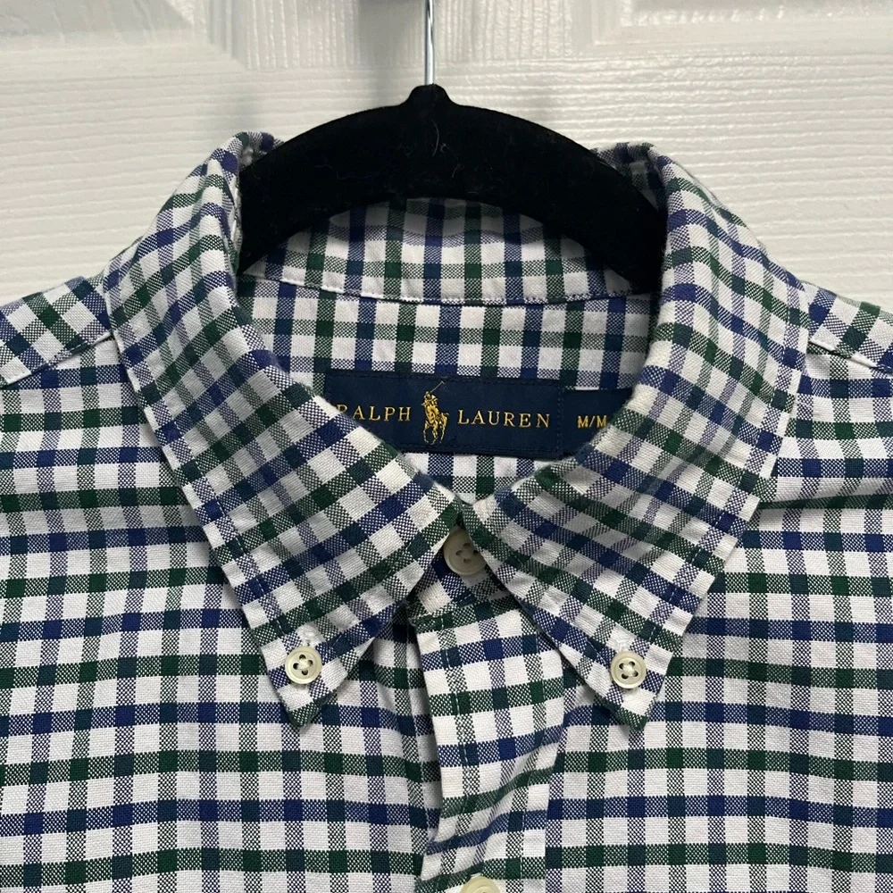 Ralph Lauren Button Down Shirt Green Blue Flesh Pony Men's MEDIUM Gingham Check